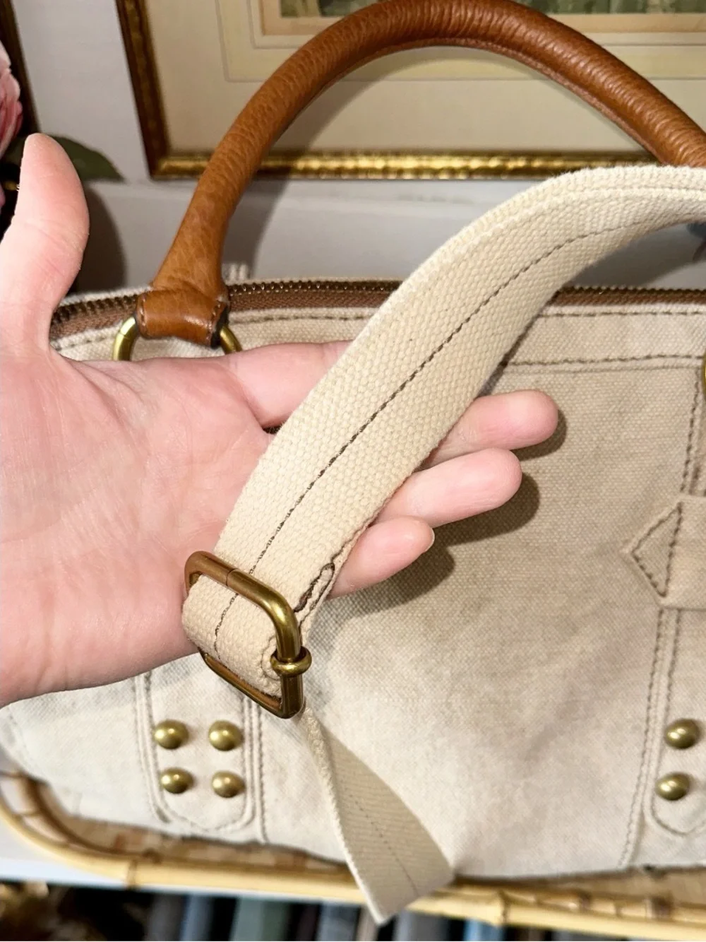 Fossil Maddox satchel handbag in beige canvas with tan leather handles, Key Fob